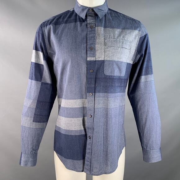 ELIE TAHARI Size M Blue Navy Color Block Cotton One pocket Long Sleeve Shirt - Picture 1 of 6